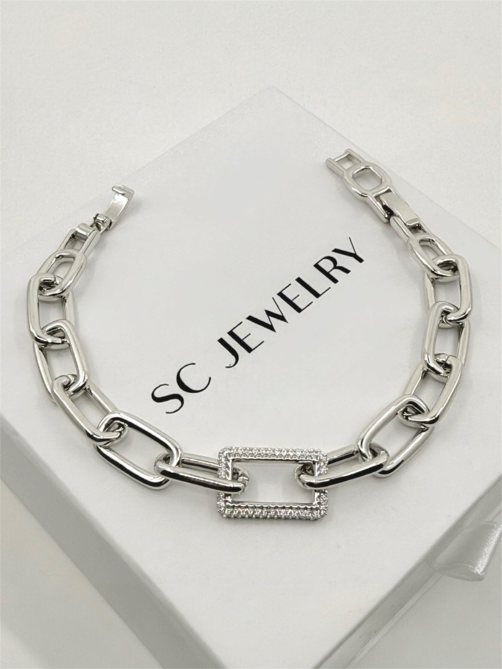 Rectangle Linked Bracelet | Platinum Plated w/ Cubic Zirconia | Dainty Jewelry